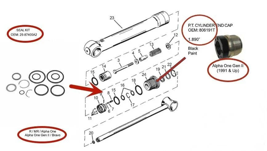 End Cap, Trim Cylinder w/Seals for R/MR/Alpha I/Bravo (Gen II)