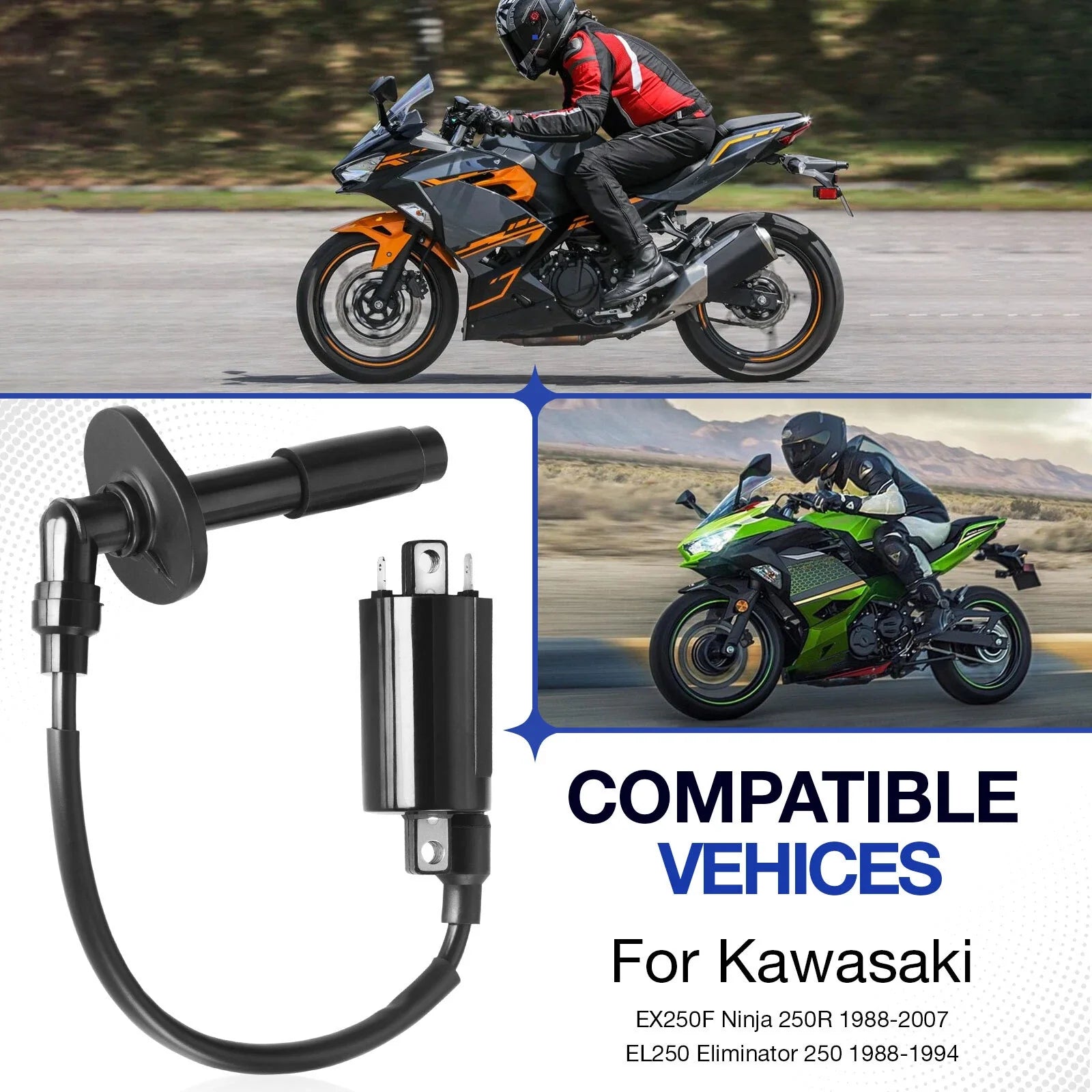 Ignition Coil & Spark Plug Cap for Kawasaki Ninja 250R EX250 (1988-2007)