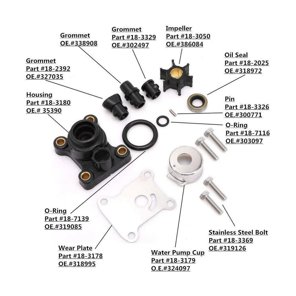 Water Pump Impeller Kit for Johnson/Evinrude 9.9-15HP (1974-2007)