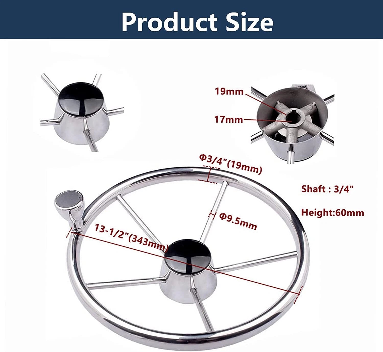 13.5" Marine Stainless Steel Boat Steering Wheel with Knob for Various Models